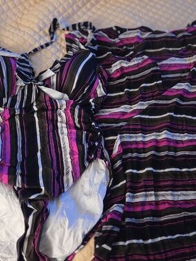 Striped Black, White & Magenta Two-Piece Swim Set- Swimsuir and Cover- Up